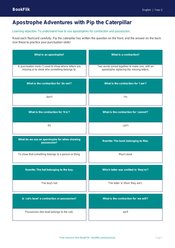 Free Apostrophes Flashcards | Grade 1 | ELA | BookFlik worksheet preview — English Apostrophes