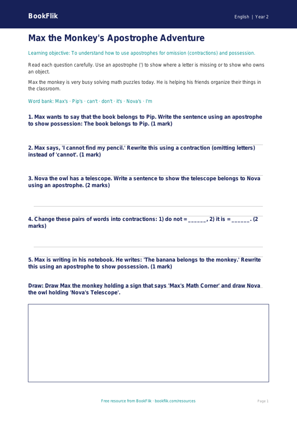 Free Apostrophes Worksheet | Grade 1 | ELA | BookFlik worksheet preview — English Apostrophes