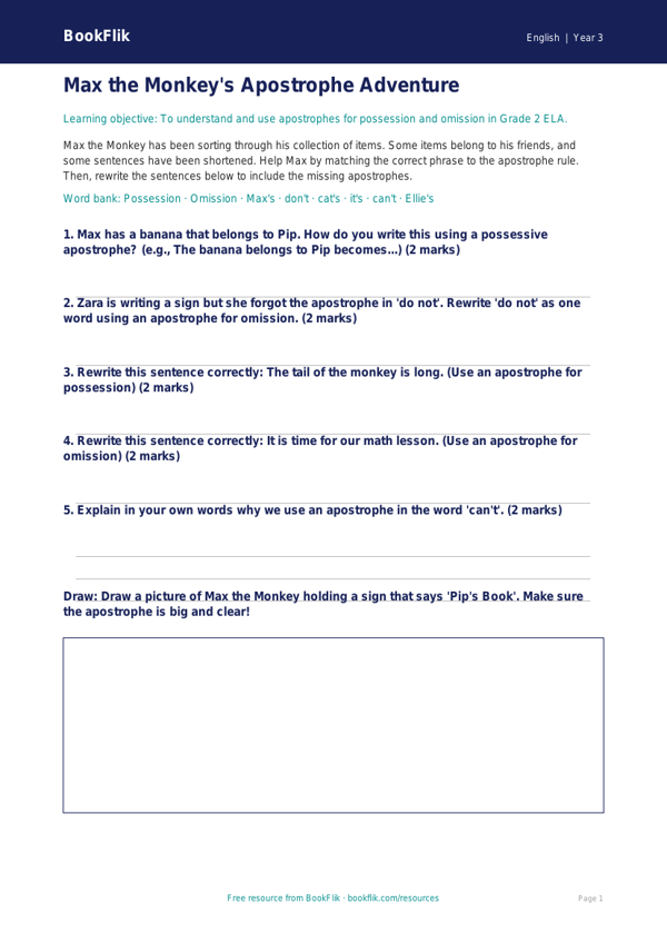 Free Apostrophes Activity Sheet | Grade 2 | ELA | BookFlik worksheet preview — English Apostrophes