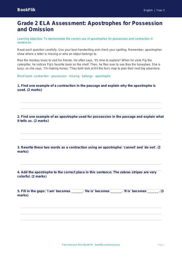 Free Apostrophes Assessment | Grade 2 | ELA | BookFlik worksheet preview — English Apostrophes