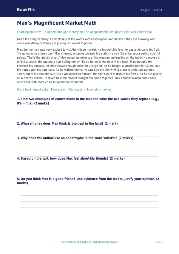 Free Apostrophes Comprehension | Grade 2 | ELA | BookFlik worksheet preview — English Apostrophes