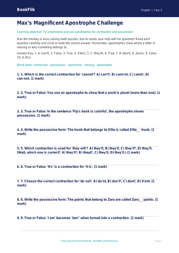 Free Apostrophes Quiz | Grade 2 | ELA | BookFlik worksheet preview — English Apostrophes