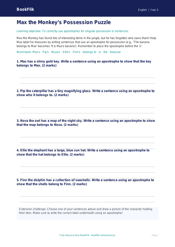 Free Apostrophes Template | Grade 2 | ELA | BookFlik worksheet preview — English Apostrophes