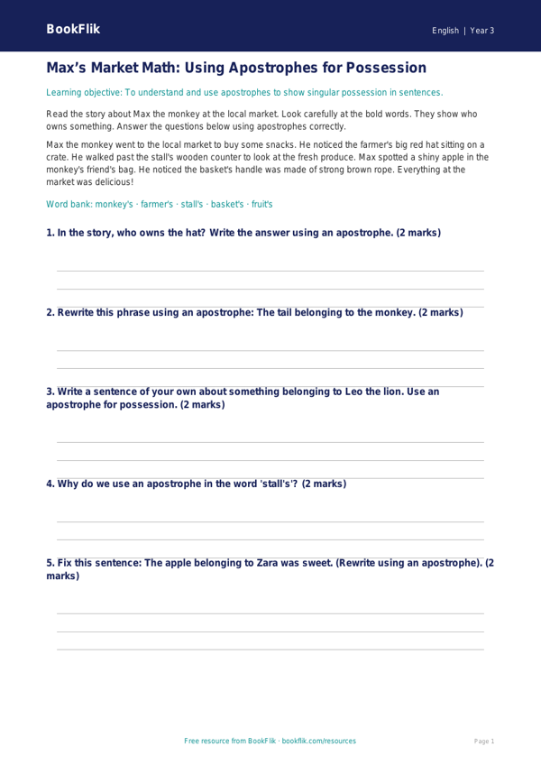 Free Apostrophes Track Sheet | Grade 2 | ELA | BookFlik worksheet preview — English Apostrophes