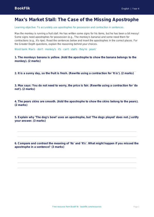 Free Apostrophes Activity Sheet | Grade 3 | ELA | BookFlik worksheet preview — English Apostrophes