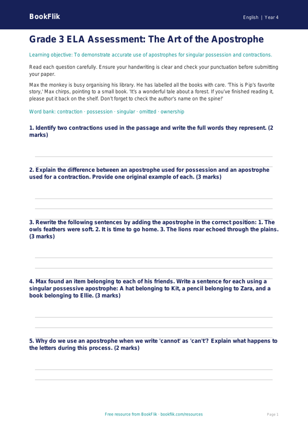 Free Apostrophes Assessment | Grade 3 | ELA | BookFlik worksheet preview — English Apostrophes
