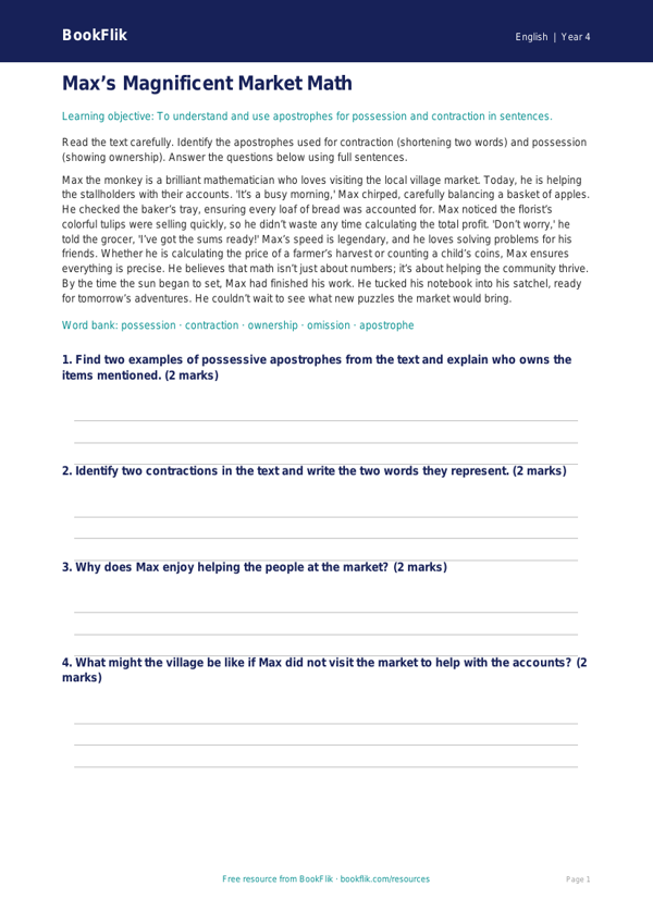ELA apostrophes comprehension grade 3 greater depth worksheet preview — English Apostrophes