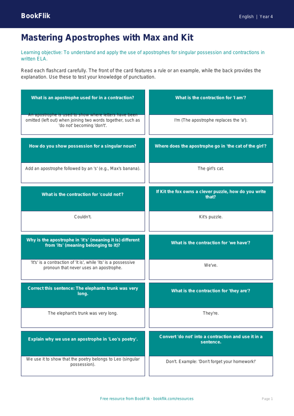 ELA apostrophes flashcards grade 3 greater depth worksheet preview — English Apostrophes