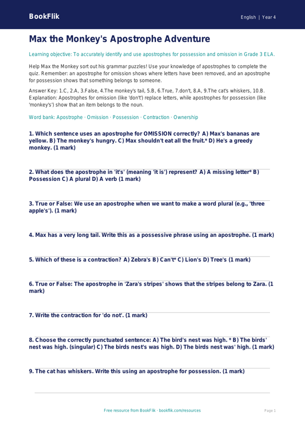 Free Apostrophes Quiz | Grade 3 | ELA | BookFlik worksheet preview — English Apostrophes