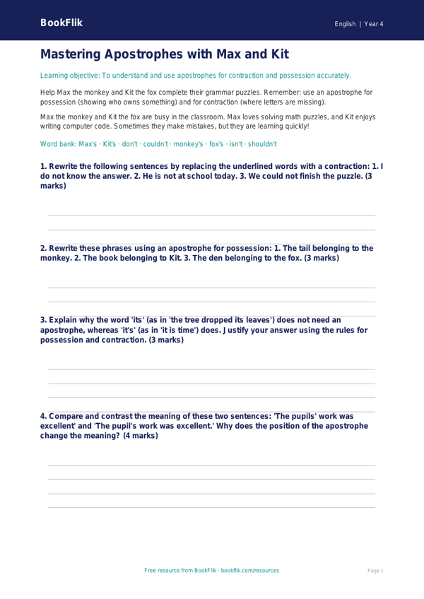 Free Apostrophes Worksheet | Grade 3 | ELA | BookFlik worksheet preview — English Apostrophes