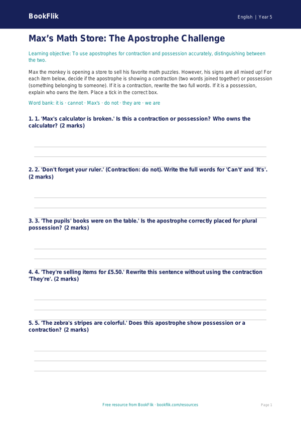 Free Apostrophes Activity Sheet | Grade 4 | ELA | BookFlik worksheet preview — English Apostrophes