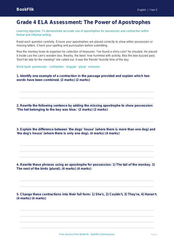 Free Apostrophes Assessment | Grade 4 | ELA | BookFlik worksheet preview — English Apostrophes