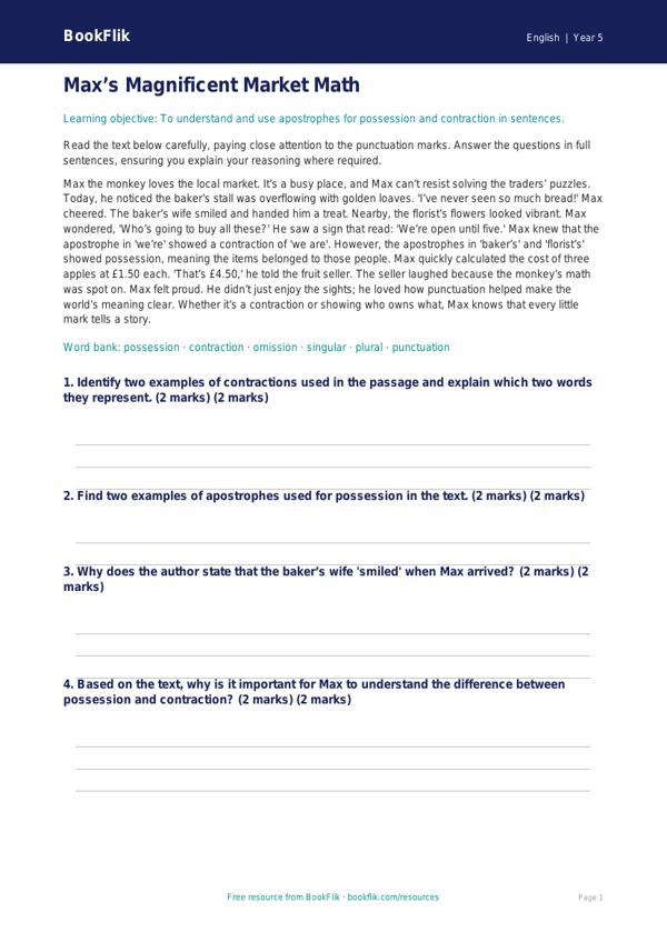 Free Apostrophes Comprehension | Grade 4 | ELA | BookFlik worksheet preview — English Apostrophes