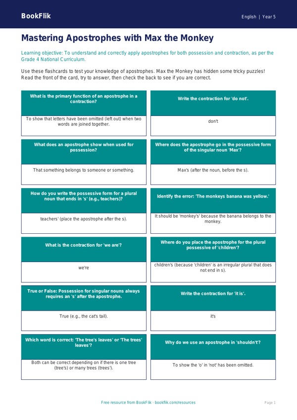 Free Apostrophes Flashcards | Grade 4 | ELA | BookFlik worksheet preview — English Apostrophes