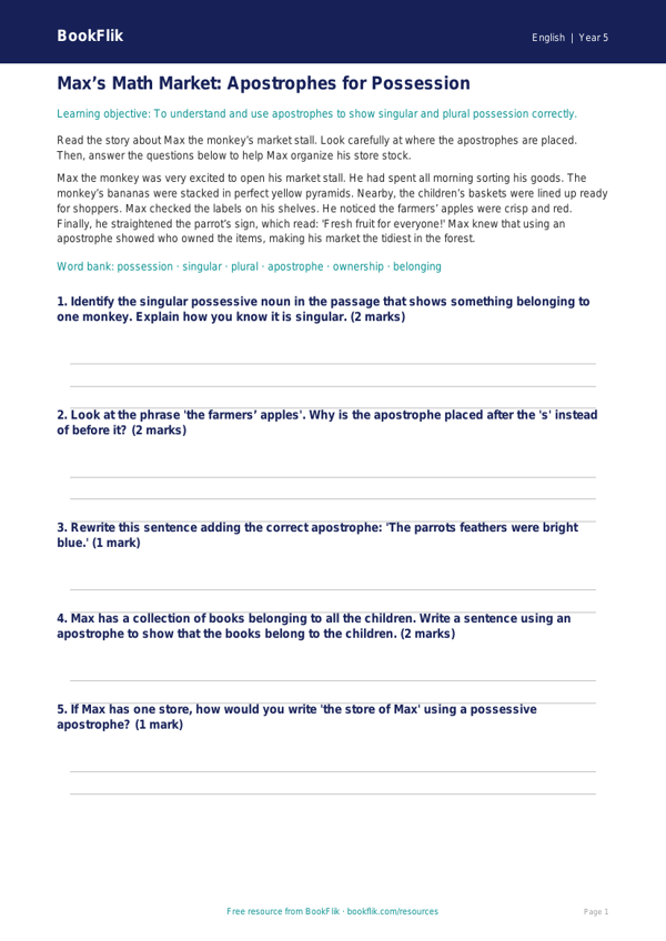 Free Apostrophes Track Sheet | Grade 4 | ELA | BookFlik worksheet preview — English Apostrophes