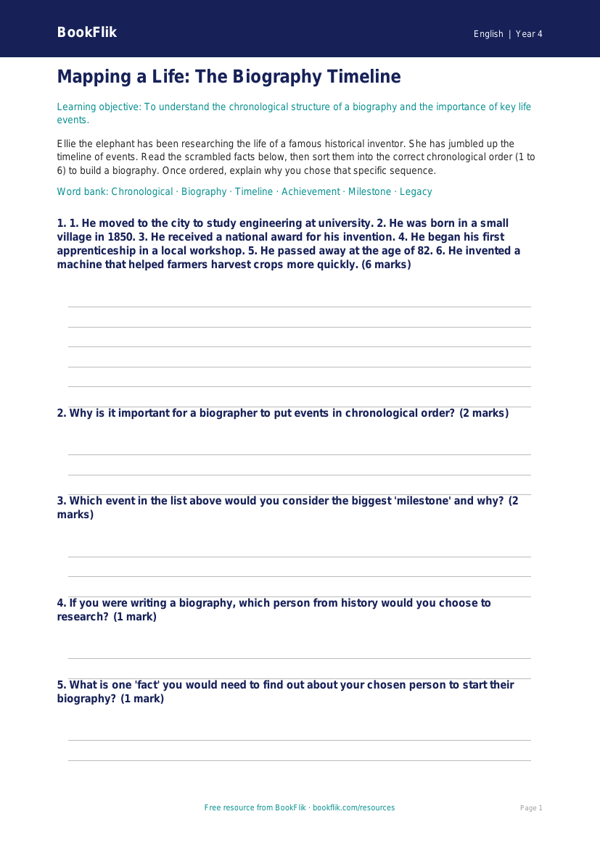 Free Biography Activity Sheet | Grade 3 | ELA | BookFlik worksheet preview — English Biography