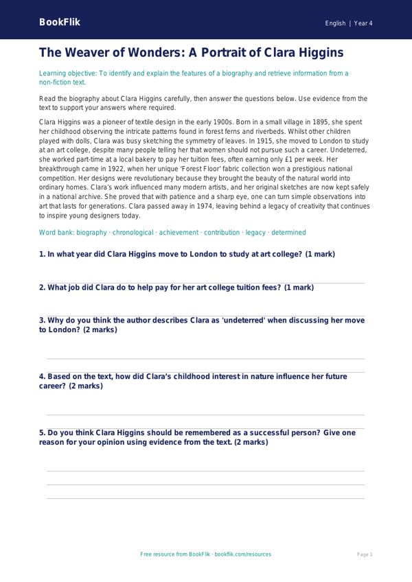 Free Biography Comprehension | Grade 3 | ELA | BookFlik worksheet preview — English Biography