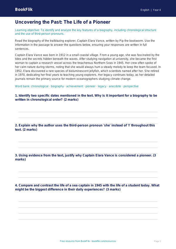 Free Biography Track Sheet | Grade 3 | ELA | BookFlik worksheet preview — English Biography