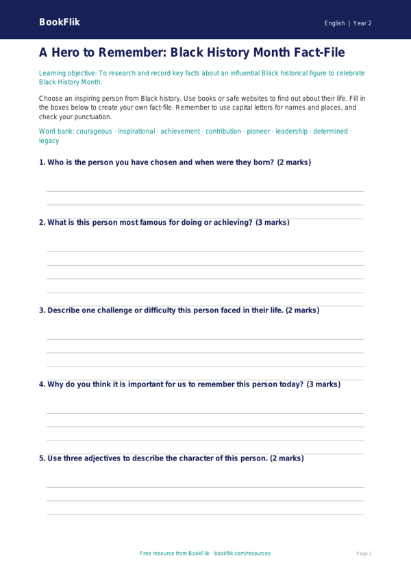 Free Black History Month Template | Grade 1 | ELA | BookFlik worksheet preview — English Black History Month