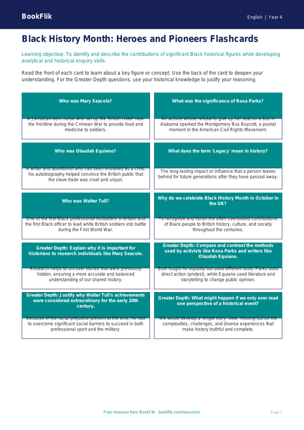 ELA black history month flashcards grade 3 greater depth worksheet preview — English Black History Month