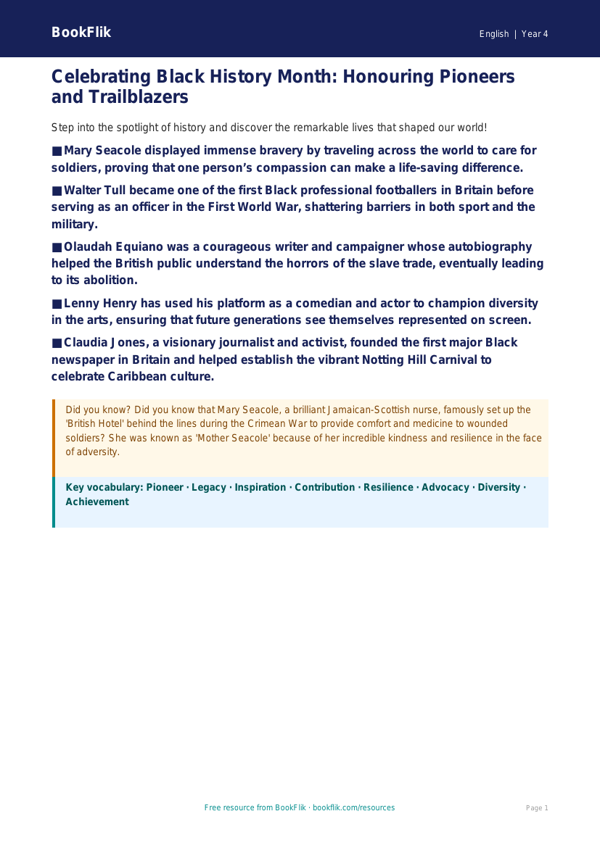 Free Black History Month Poster | Grade 3 | ELA | BookFlik worksheet preview — English Black History Month