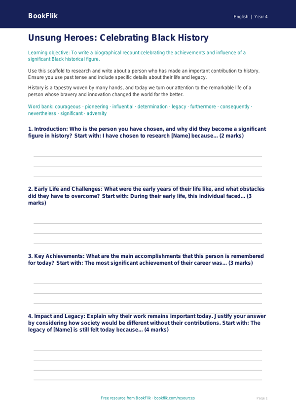 Free Black History Month Writing Frame | Grade 3 | ELA | BookFlik worksheet preview — English Black History Month