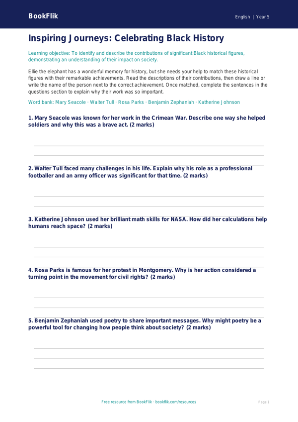 Free Black History Month Activity Sheet | Grade 4 | ELA | BookFlik worksheet preview — English Black History Month