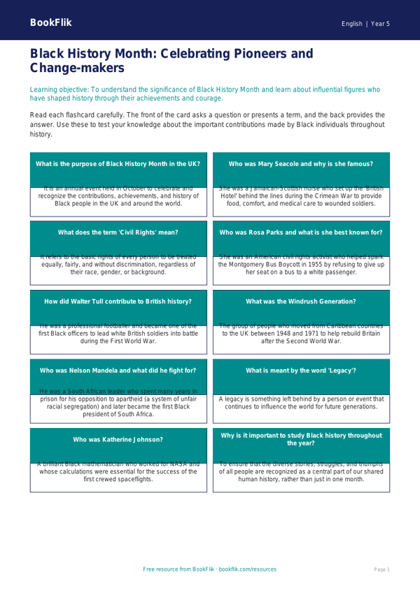 Free Black History Month Flashcards | Grade 4 | ELA | BookFlik worksheet preview — English Black History Month