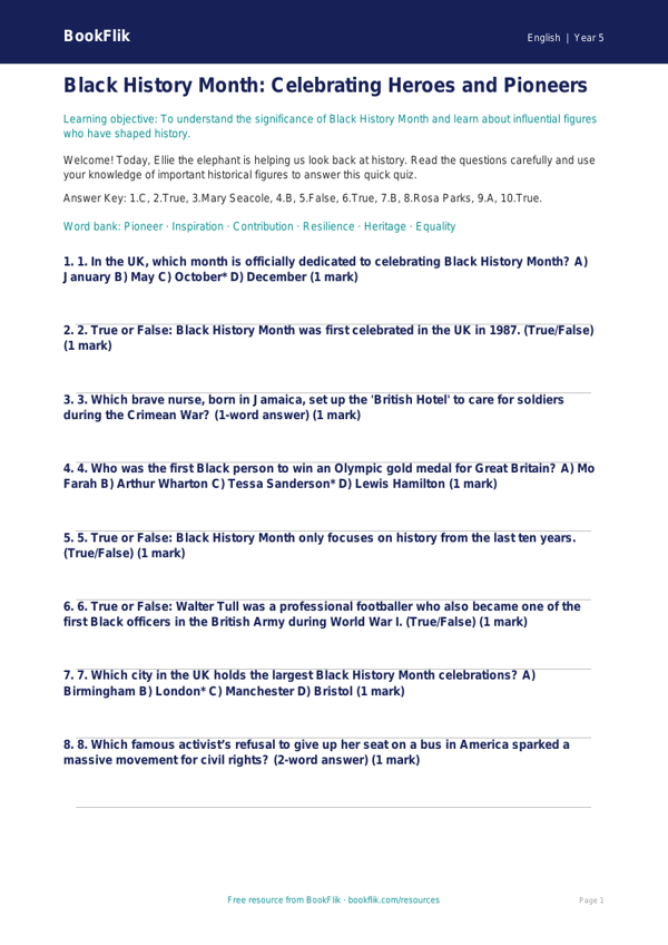 Free Black History Month Quiz | Grade 4 | ELA | BookFlik worksheet preview — English Black History Month