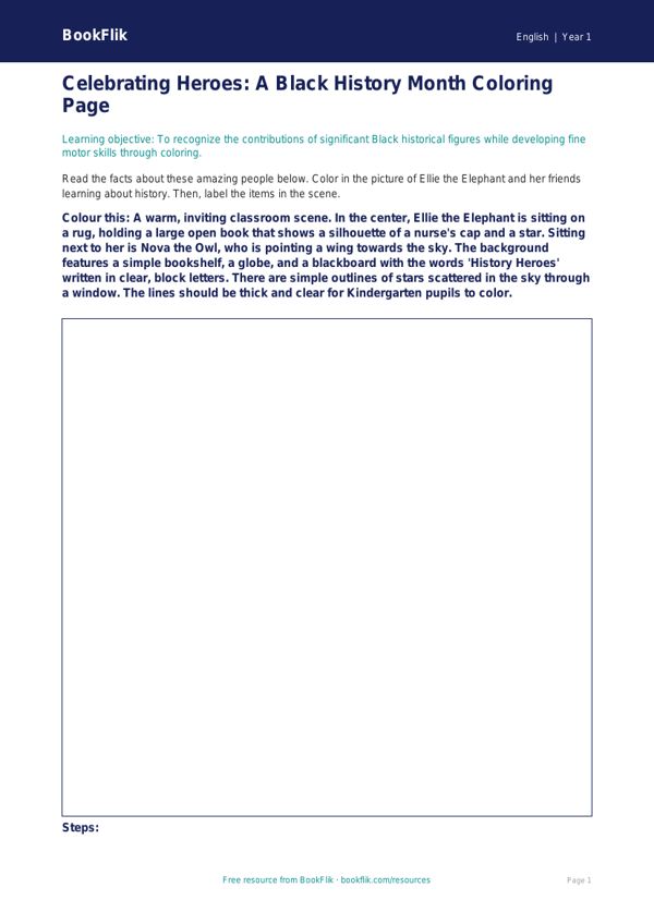 Free Black History Month Coloring Page | Kindergarten | ELA | BookFlik worksheet preview — English Black History Month