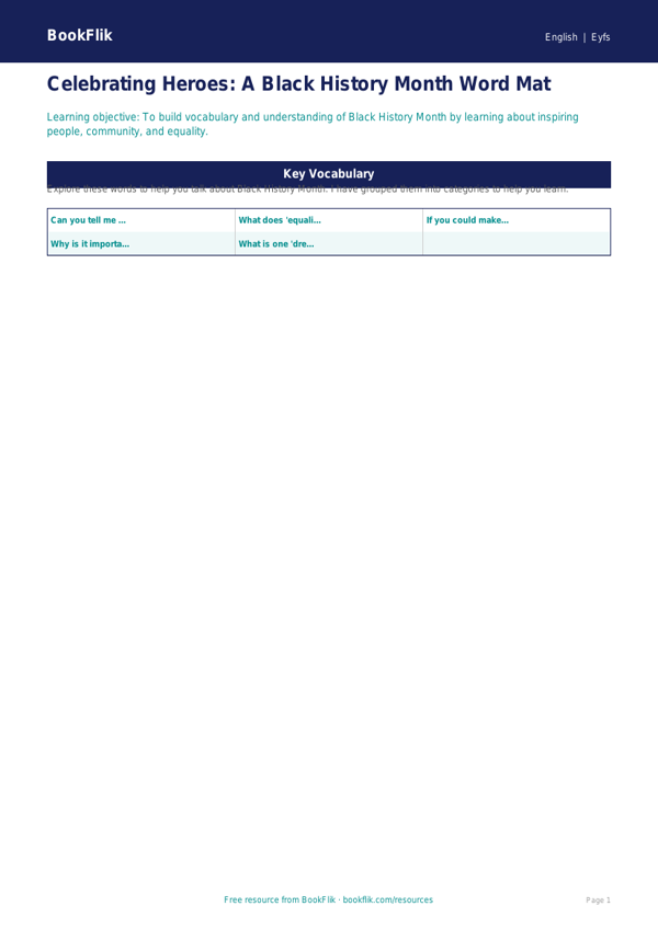 Free Black History Month Word Mat | Pre-K | ELA | BookFlik worksheet preview — English Black History Month