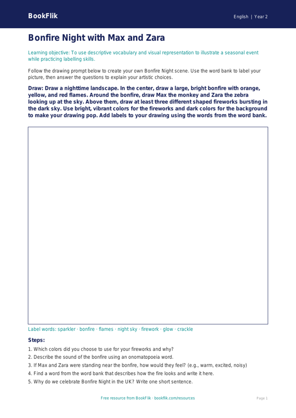 Free Bonfire Night Drawing Sheet | Grade 1 | ELA | BookFlik worksheet preview — English Bonfire Night