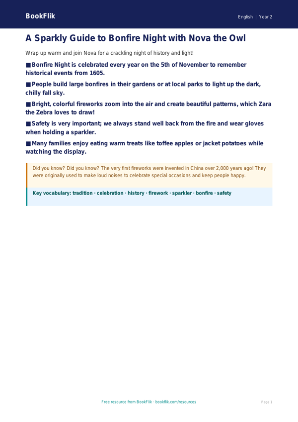 Bonfire Night Reading & Writing Activity | Grade 1 | ELA | BookFlik worksheet preview — English Bonfire Night