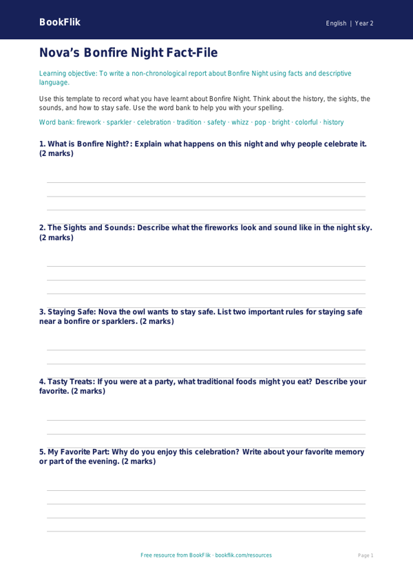 Free Bonfire Night Reading & Writing Activity | Grade 1 | ELA | BookFlik worksheet preview — English Bonfire Night