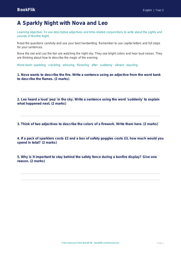 Free Bonfire Night Worksheet | Grade 1 | ELA | BookFlik worksheet preview — English Bonfire Night