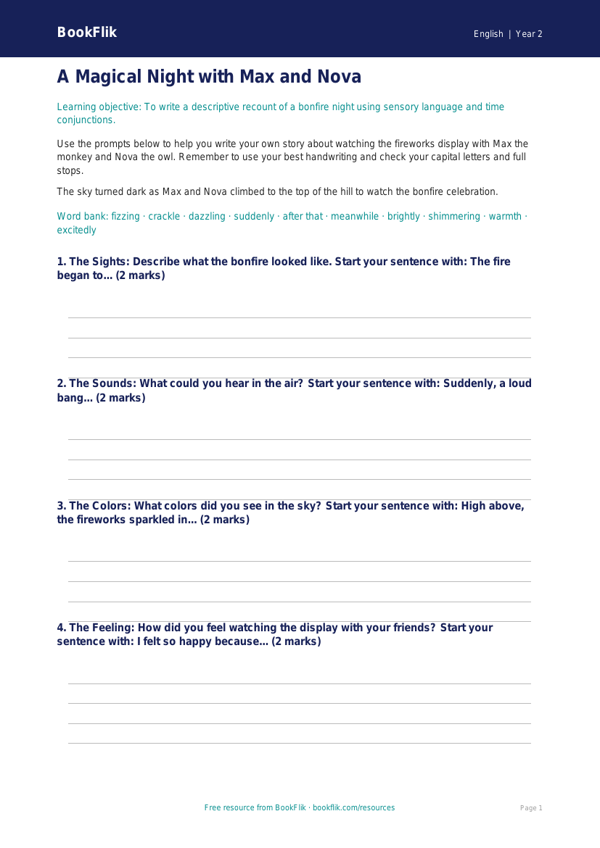 Free Bonfire Night Writing Frame | Grade 1 | ELA | BookFlik worksheet preview — English Bonfire Night