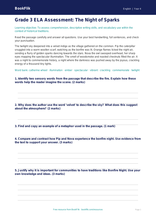 Grade 3 Bonfire Night Reading Comprehension | ELA Resources | BookFlik worksheet preview — English Bonfire Night