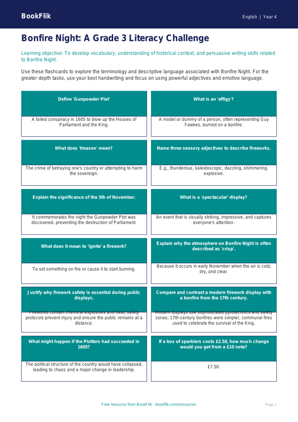 Bonfire Night Literacy & History Activities | Grade 3 | ELA | BookFlik worksheet preview — English Bonfire Night