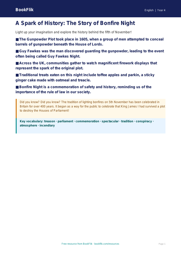 Bonfire Night Literacy Activity | Grade 3 ELA | BookFlik worksheet preview — English Bonfire Night