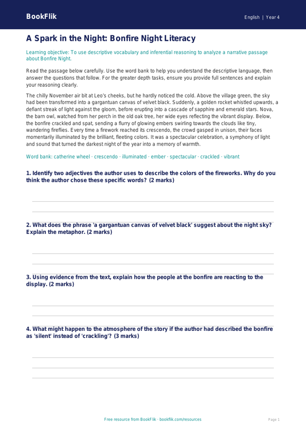 Bonfire Night Reading & Writing Activity | Grade 3 ELA | BookFlik worksheet preview — English Bonfire Night