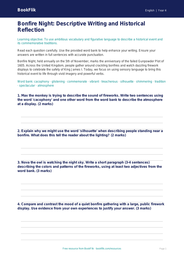 Bonfire Night Reading Comprehension Worksheet | Grade 3 | ELA | BookFlik worksheet preview — English Bonfire Night