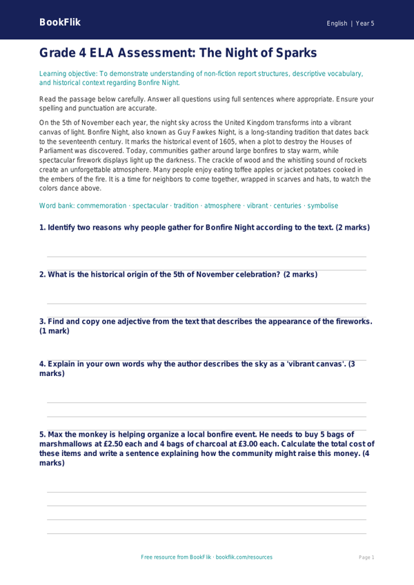 Free Bonfire Night Reading Comprehension | Grade 4 ELA | BookFlik worksheet preview — English Bonfire Night