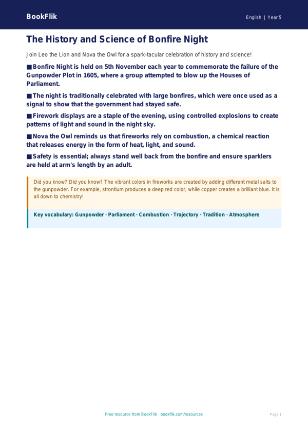 Bonfire Night Reading & Writing Activity | Grade 4 ELA | BookFlik worksheet preview — English Bonfire Night