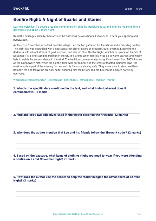 Bonfire Night Reading & Writing Activity | Grade 4 ELA | BookFlik worksheet preview — English Bonfire Night