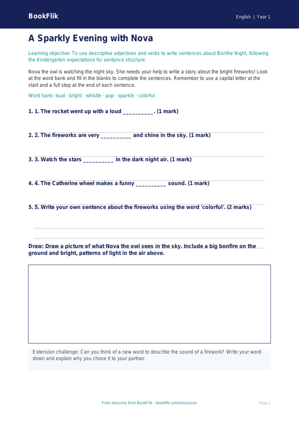 Free Bonfire Night Activity Sheet | Kindergarten | ELA | BookFlik worksheet preview — English Bonfire Night