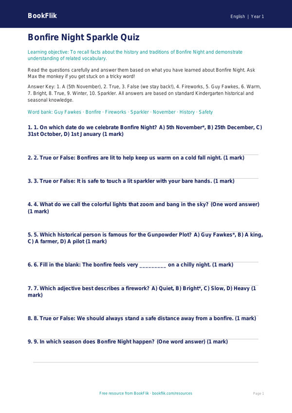 Bonfire Night Fun: Kindergarten ELA Quiz | BookFlik worksheet preview — English Bonfire Night