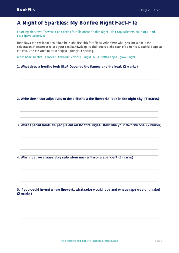 Free Bonfire Night Template | Kindergarten | ELA | BookFlik worksheet preview — English Bonfire Night