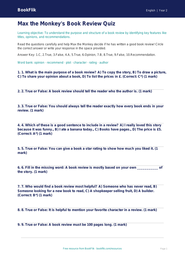 Free Book Review Quiz | Grade 1 | ELA | BookFlik worksheet preview — English Book Review