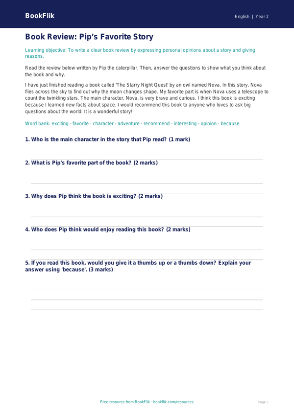 Free Book Review Track Sheet | Grade 1 | ELA | BookFlik worksheet preview — English Book Review