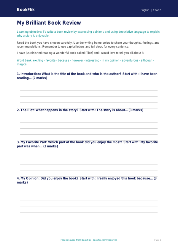 Free Book Review Writing Frame | Grade 1 | ELA | BookFlik worksheet preview — English Book Review